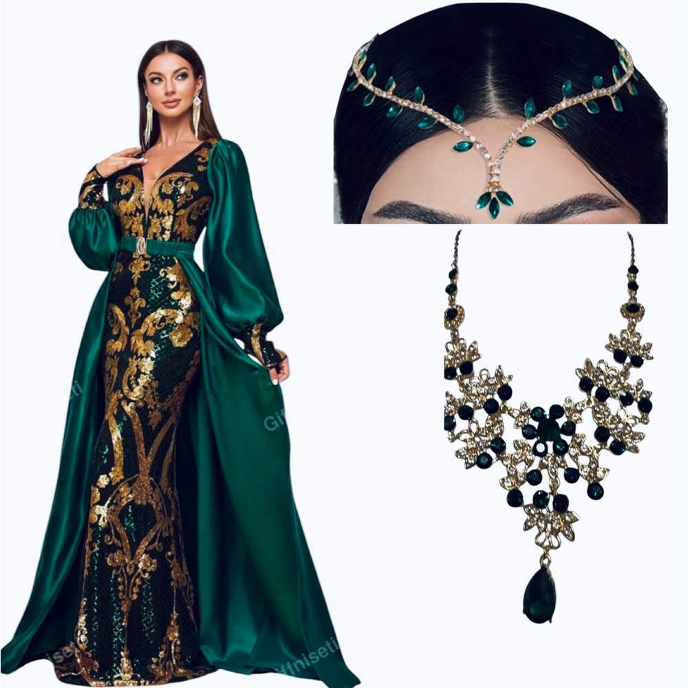 Emerald Green & Gold Embellished Evening Gown by